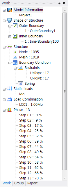 Work tree panel showing Model Information, Shape of Structure, Structure with Node, Mesh and Boundary Condition, Static Loads, Load Combination and Phase steps, with Work, Group, Report tabs.