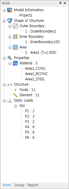 Work tree panel showing Model Information, Shape of Structure with Outer Boundary, Inner Boundary and Area, Properties materials, Structure, and Static Loads, with Work, Group, Report tabs.