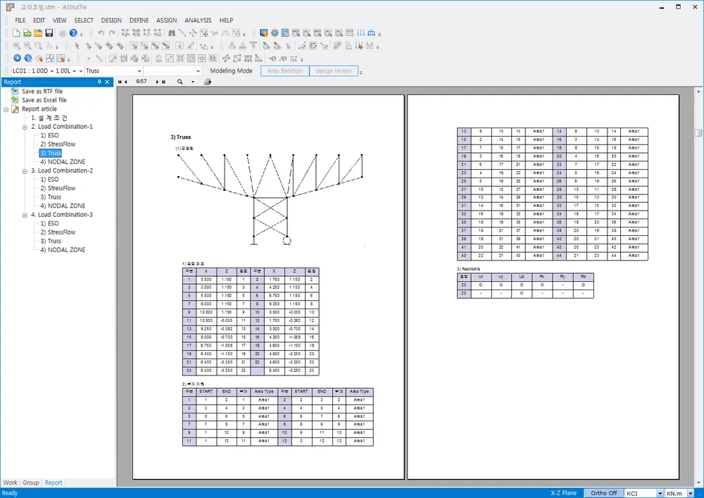 AStrutTie report preview with the Report tree (Load Combination items ESO, StressFlow, Truss, NODAL ZONE) at left and a Truss page showing the model diagram, nodal coordinate, member and restraint tables.
