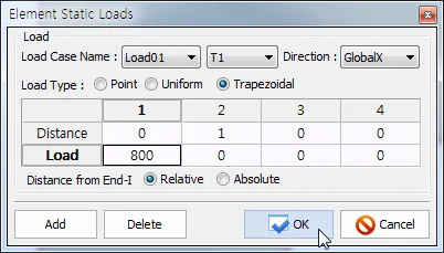 Element Static Loads dialog with Load Case Name Load01, T1, Direction GlobalX, Load Type set to Trapezoidal, and a distance/load table with relative distance from End-I.