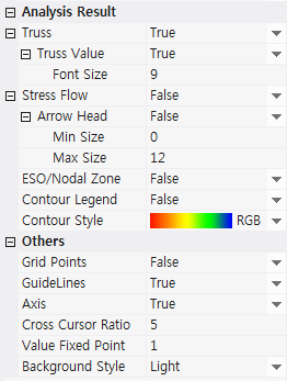 View Options panel showing Analysis Result settings (Truss, Truss Value, Stress Flow, Contour Style) and Others settings (Grid Points, GuideLines, Axis, Background Style).
