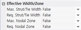Effective Width/Zone section of the View Options window with Max. Strut/Tie Width, Req. Strut/Tie Width, Max. Nodal Zone, and Req. Nodal Zone all set to False