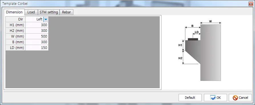 Template Corbel dialog, Dimension tab with Dir set to Left and H1, H2, W, B, LD inputs, beside a corbel outline showing those dimensions.
