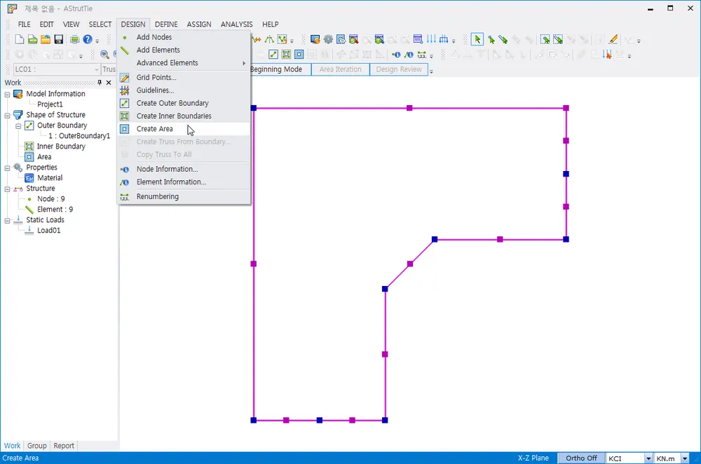AStrutTie DESIGN menu open with Create Area highlighted, over a closed outer boundary polygon drawn in the model view.