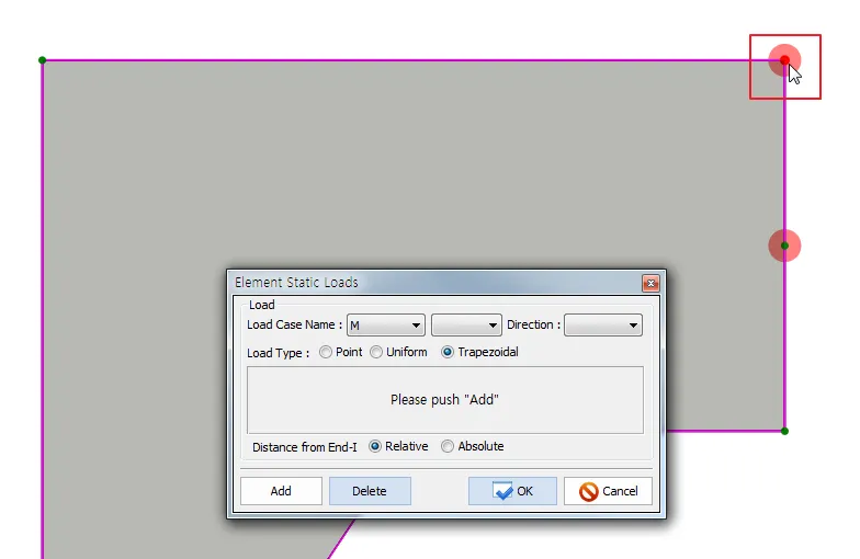 Element Static Loads dialog over the model with Load Case Name, Direction, Load Type set to Trapezoidal, Distance from End-I as Relative, and Add/Delete/OK/Cancel buttons, with a selected node highlighted in red.