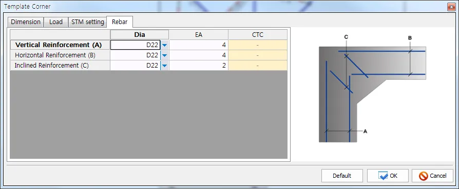 Template Corner dialog on the Rebar tab, listing Vertical (A), Horizontal (B) and Inclined (C) reinforcement with Dia, EA and CTC columns beside a corner rebar layout diagram.