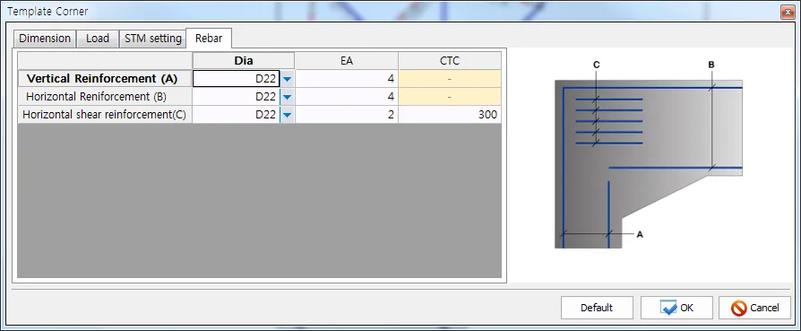Template Corner dialog, Rebar tab: rows for Vertical Reinforcement (A), Horizontal Reinforcement (B), Horizontal shear reinforcement (C) with Dia/EA/CTC, plus corner sketch marking A, B, C.