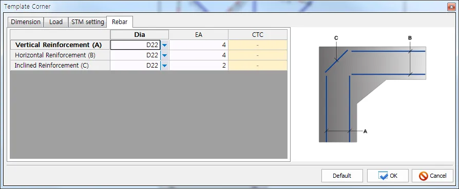 Template Corner dialog, Rebar tab, listing Vertical (A), Horizontal (B) and Inclined (C) Reinforcement with Dia D22 and EA 4, 4, 2, beside a frame corner diagram marking A, B, C bar positions.