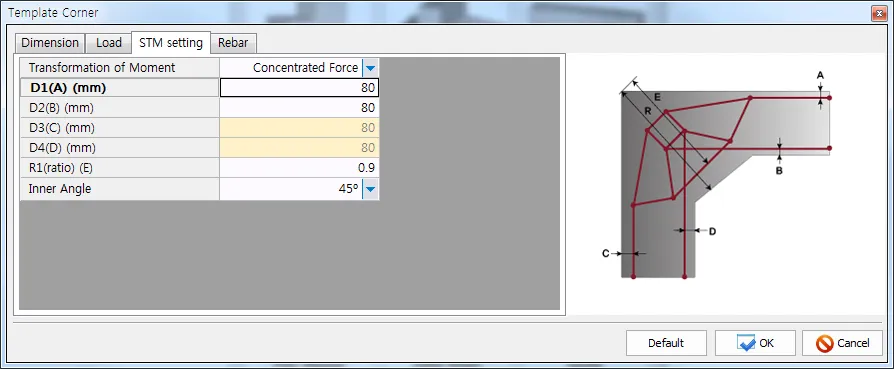 Template Corner dialog, STM setting tab with Transformation of Moment set to Concentrated Force, D1(A)-D4(D) distances, R1(ratio) 0.9 and Inner Angle 45\u00b0, beside a frame corner strut-tie diagram labeled A-E.