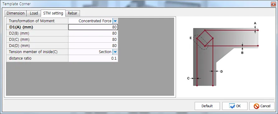 Template Corner dialog, STM setting tab with Transformation of Moment set to Concentrated Force, D1(A)-D4(D) = 80 mm, Tension member of inside(C) = Section, distance ratio 0.1, and a frame corner diagram marking A-E.