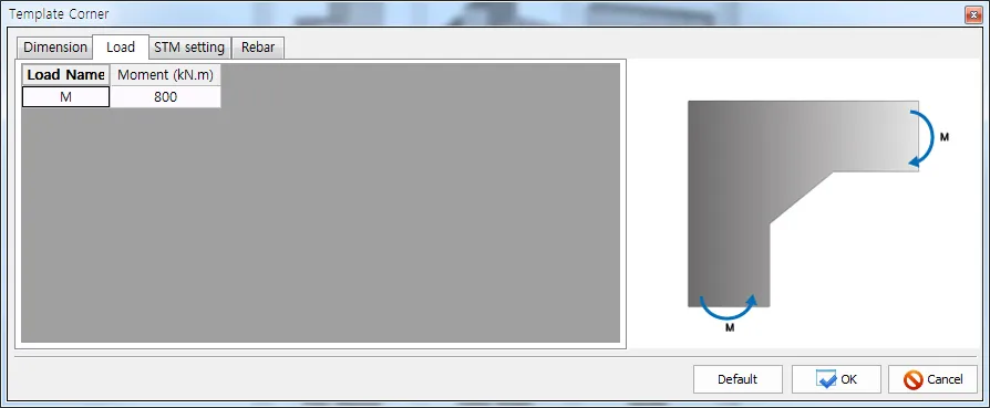 Template Corner dialog, Load tab, with a Load Name/Moment (kN.m) table entry M = 800 and a corner sketch showing the moment directions at both ends.