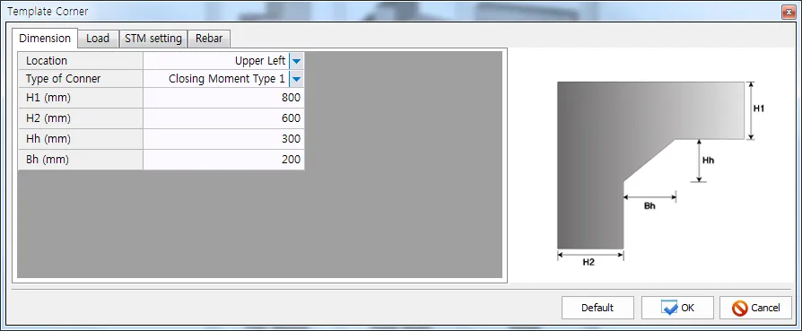 Template Corner dialog, Dimension tab, with Location set to Upper Left, Type of Conner as Closing Moment Type 1, and H1, H2, Hh, Bh values beside a frame corner sketch labelling those dimensions.