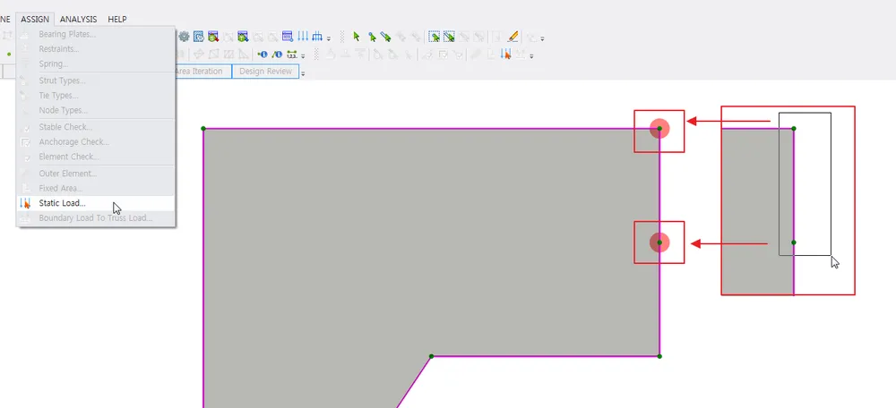ASSIGN menu opened with Static Load highlighted, while two selected nodes on the right edge of the gray model region are marked with red boxes and arrows.