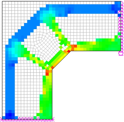 Topology optimization result for an L-shaped panel, with colored stress bands tracing diagonal strut and tie paths, roller supports along the right edge and fixed supports at the bottom.