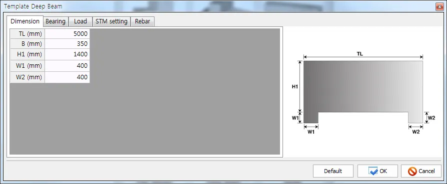Template Deep Beam dialog, Dimension tab with TL, B, H1, W1, W2 input fields and a beam elevation sketch labeling TL, H1, W1, W2.