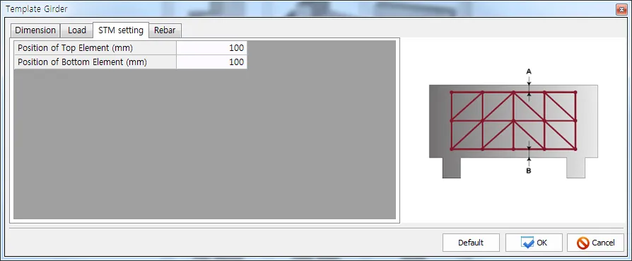 Template Girder dialog on the STM setting tab with Position of Top Element (mm) and Position of Bottom Element (mm) set to 100, and a preview showing the truss model with dimensions A and B.