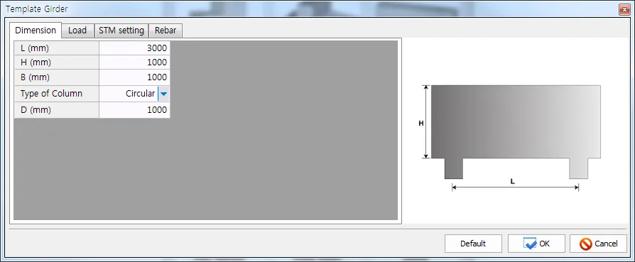 Template Girder dialog, Dimension tab, with L, H, B, Type of Column (Circular) and D fields beside a girder elevation sketch dimensioned H and L.
