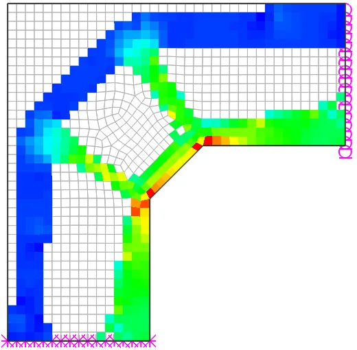 Stress-flow contour plot on an L-shaped corner mesh, with red diagonal high-stress bands forming a strut-and-tie pattern, plus edge roller and bottom pinned supports.