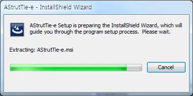 AStrutTie-e InstallShield Wizard dialog preparing setup, showing "Extracting: AStrutTie-e.msi", a progress bar and a Cancel button.
