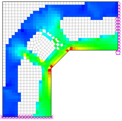 Color stress-flow contour on a finite element mesh of an L-shaped corner region, with high-stress red bands forming a diagonal strut across the reentrant corner and pin supports marked along the bottom and right edges.
