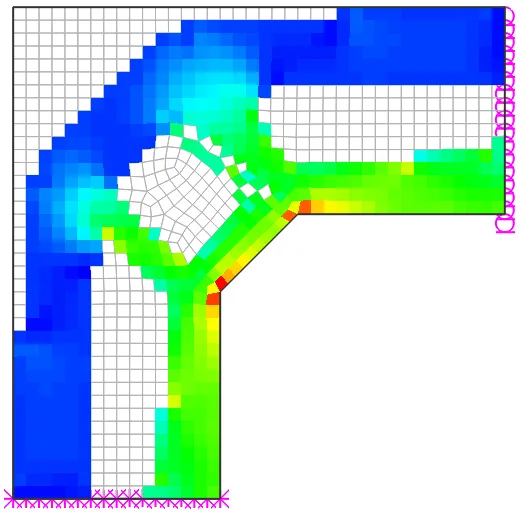 Color-contoured mesh of an L-shaped corner after ESO, with removed elements forming diagonal strut-and-tie paths, rollers on the right edge and pinned supports at the bottom.