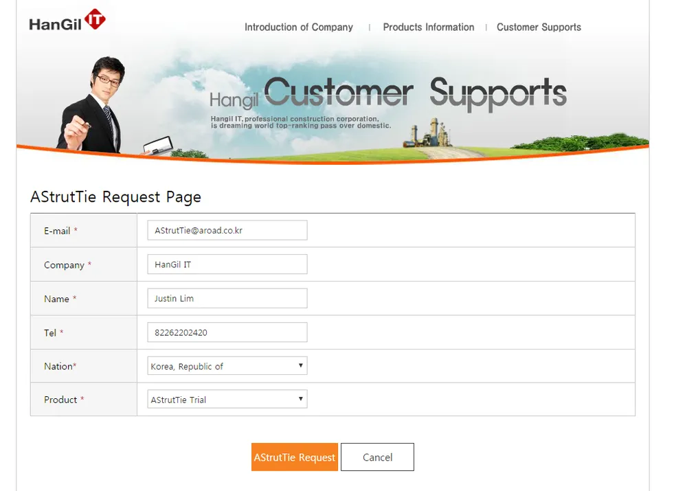 AStrutTie Request Page web form with E-mail, Company, Name, Tel, Nation and Product fields plus AStrutTie Request and Cancel buttons.