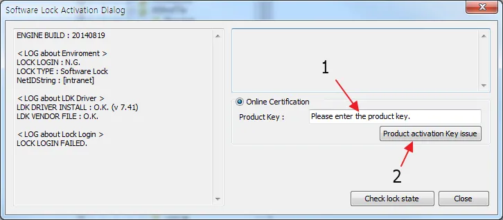 Software Lock Activation Dialog with LOCK LOGIN FAILED log and an Online Certification section; arrows mark the Product Key field and the Product activation Key issue button.