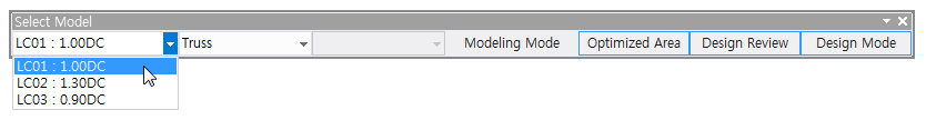 Select Model toolbar with an open load combination list showing LC01 : 1.00DC, LC02 : 1.30DC and LC03 : 0.90DC, a Truss dropdown, and Modeling Mode, Optimized Area, Design Review and Design Mode buttons.