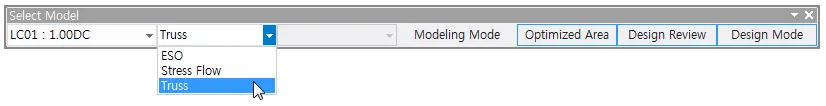 Select Model toolbar with load combination LC01 : 1.00DC and an open dropdown listing ESO, Stress Flow, and Truss, plus Modeling Mode, Optimized Area, Design Review, and Design Mode buttons.