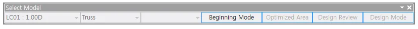 Select Model toolbar with load combination LC01 : 1.00D and Truss dropdowns, and Beginning Mode active beside greyed Optimized Area, Design Review, and Design Mode buttons.
