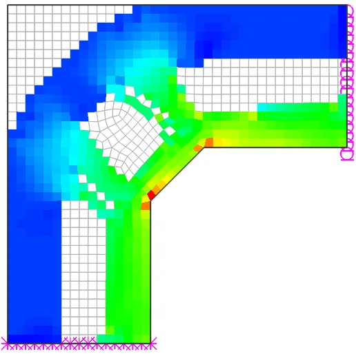 Evolutionary structural optimization result for a corner joint, showing the retained material forming diagonal strut-and-tie paths in a rainbow stress color map with supports at the base and right edge.