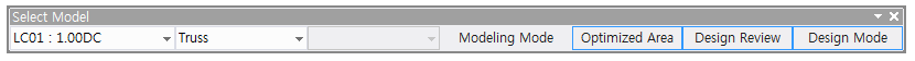 Select Model toolbar with load combination LC01 : 1.00DC and Truss dropdowns, plus Modeling Mode, Optimized Area, Design Review and Design Mode buttons.