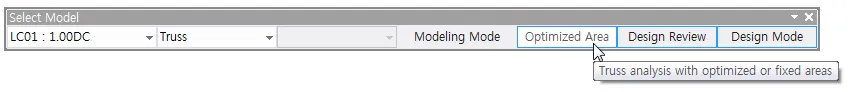Select Model toolbar with load case LC01 : 1.00DC and Truss dropdowns, Modeling Mode buttons Optimized Area, Design Review and Design Mode, showing the tooltip "Truss analysis with optimized or fixed areas".
