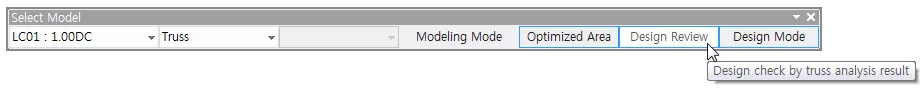Select Model toolbar with load case LC01 : 1.00DC, Truss list, Modeling Mode, and Optimized Area, Design Review, Design Mode buttons plus tooltip "Design check by truss analysis result".