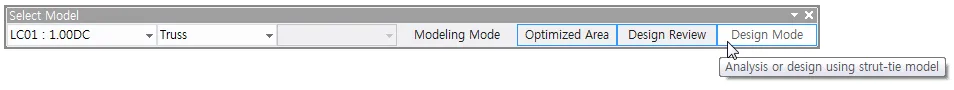 Select Model toolbar with load case LC01 : 1.00DC and Truss dropdowns, Modeling Mode label, and Optimized Area, Design Review, Design Mode buttons with a tooltip reading 'Analysis or design using strut-tie model'.