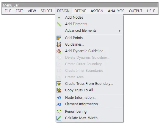 Menu Bar with the DESIGN pull-down menu open, listing Add Nodes, Add Elements, Advanced Elements, Grid Points, Guidelines, Create Truss From Boundary, Node Information, Renumbering and Calulate Max. Width.