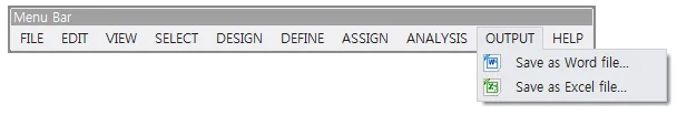 Menu Bar with the OUTPUT menu open, showing the items 'Save as Word file...' and 'Save as Excel file...'