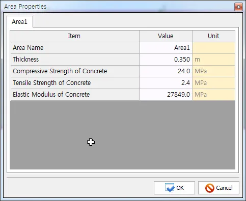 Area Properties dialog with the Area1 tab listing Area Name, Thickness, Compressive and Tensile Strength of Concrete, and Elastic Modulus with Value and Unit columns.