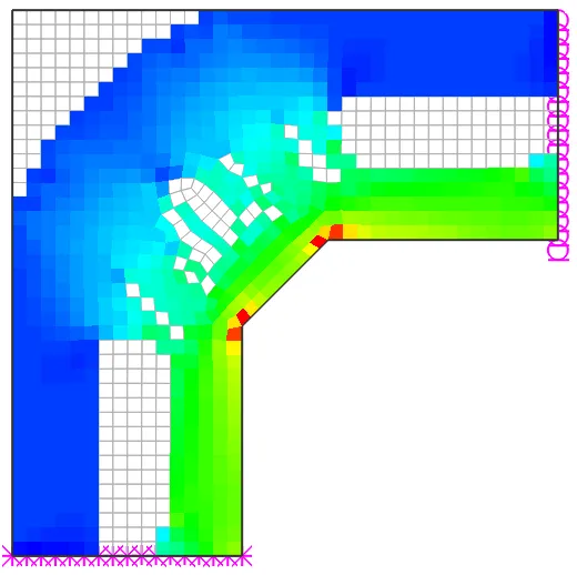 Evolutionary structural optimization result for an L-shaped (knee) region, with removed elements shown white and a green-to-red high-stress band tracing the diagonal load path between the supported edges.