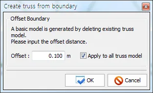 "Create truss from boundary" dialog with Offset Boundary note, Offset field set to 0.100 m, and "Apply to all truss model" checked, with OK and Cancel buttons.