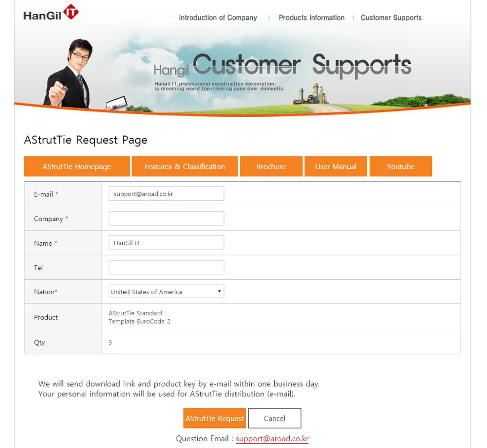 AStrutTie Request Page web form with E-mail, Company, Name, Tel and Nation fields, Product listed as AStrutTie Standard Template EuroCode 2 with Qty 3, and AStrutTie Request and Cancel buttons.