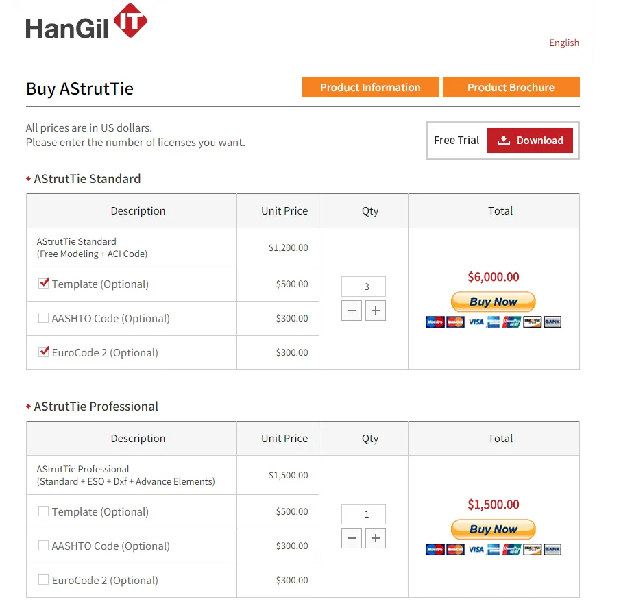 "Buy AStrutTie" online shop page with Standard and Professional tables listing Description, Unit Price, Qty and Total, optional Template, AASHTO Code and EuroCode 2 checkboxes, and Buy Now buttons.