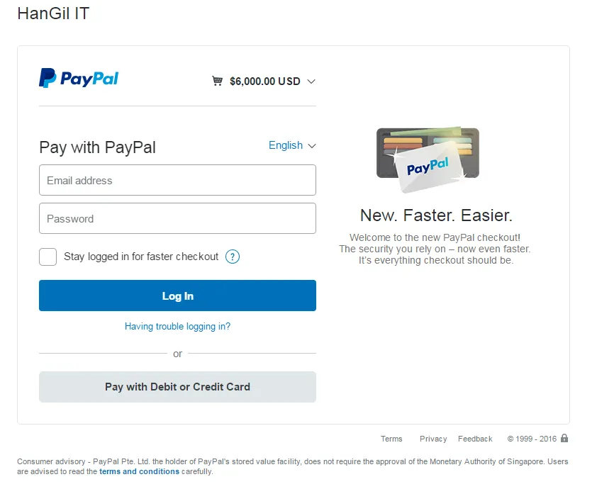 PayPal checkout page for HanGil IT with cart total in USD, Pay with PayPal email and password fields, Log In button, and Pay with Debit or Credit Card option.