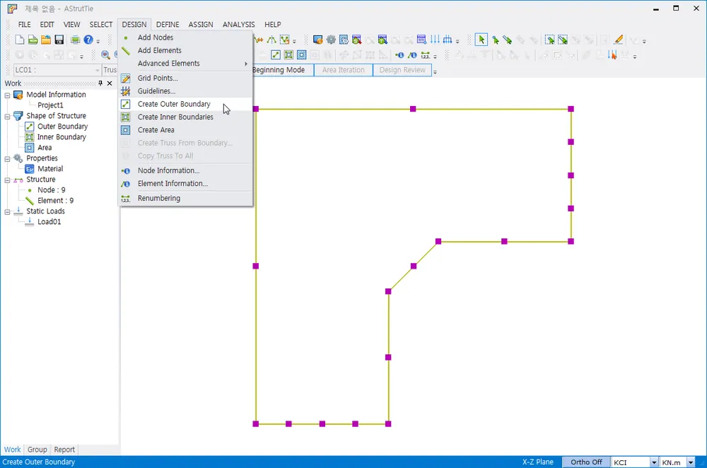 AStrutTie window with the DESIGN menu open and Create Outer Boundary highlighted, alongside Create Inner Boundaries and Create Area, over a drawn L-shaped boundary polyline with node markers.