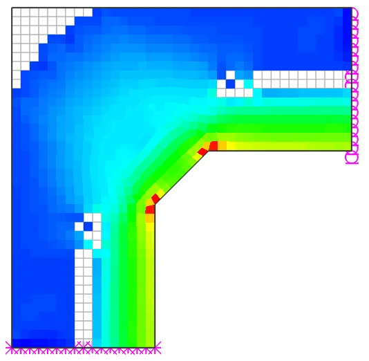 ESO result for an L-shaped corner: white removed-element voids, rainbow stress contours with red zones along the diagonal chamfer, supports at bottom and rollers at right edge.