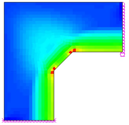 Contour plot of an L-shaped optimized structure with red stress concentrations at the re-entrant corner, roller supports along the right edge and pinned supports along the bottom.