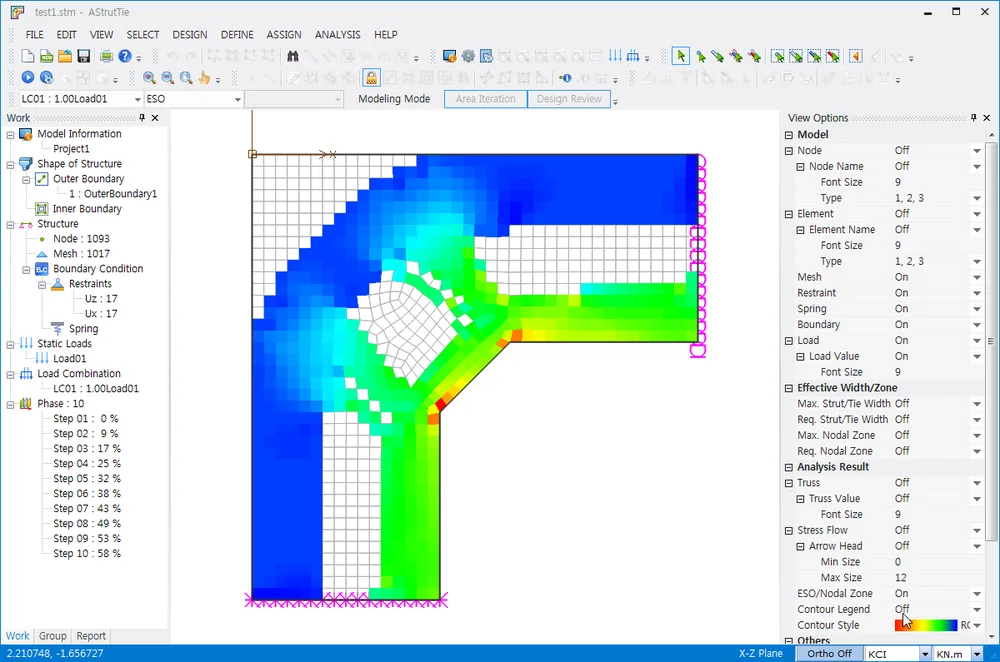 AStrutTie window with an L-shaped corner model shown in ESO color contour, the Work tree listing Phase steps, and the View Options panel for Mesh, Restraint and ESO/Nodal Zone.