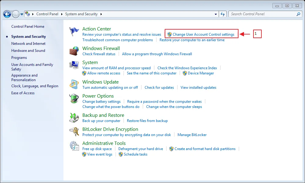 Windows Control Panel System and Security page with "Change User Account Control settings" under Action Center highlighted and marked 1.