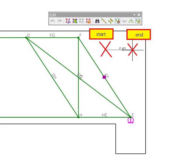Stretch operation in the Edit toolbar: a green strut-and-tie model with nodes E, F, G, H and labelled start and end pick points marked by red crosses.
