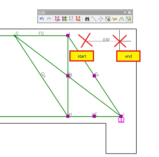 CAD view with the Edit toolbar above a green strut-and-tie truss (members FG, GH, HI), showing 'start' and 'end' pick points across a 0.50 mirror axis